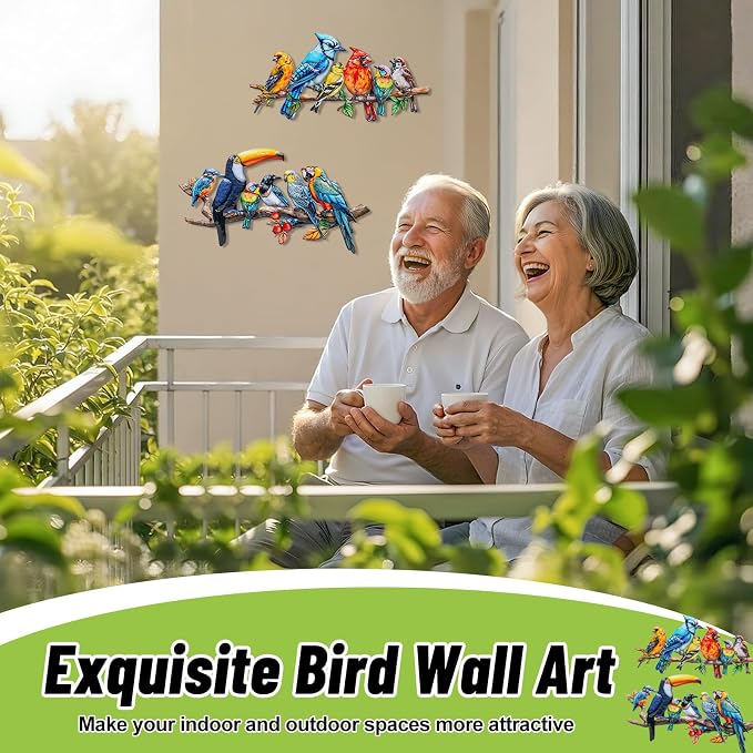 YOADEHOA 2Pcs Metal Bird Outdoor Wall Art Decor, Hummingbird Wall Silhouette Art, Bird on Branch Wall Sculpture Hanging Indoor Outdoor for Yard Garden and Patio (Birds D)
