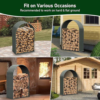 ANLEOLIFE Arch Tall Outdoor Firewood Rack with Corrugated Steel Roof | Alloy Steel Log Holder; 22-Gauge Powder-Coated Galvanized Panels; 18"D x 36"W x 54"H; Open-Sided Airflow; Round Crossbars
