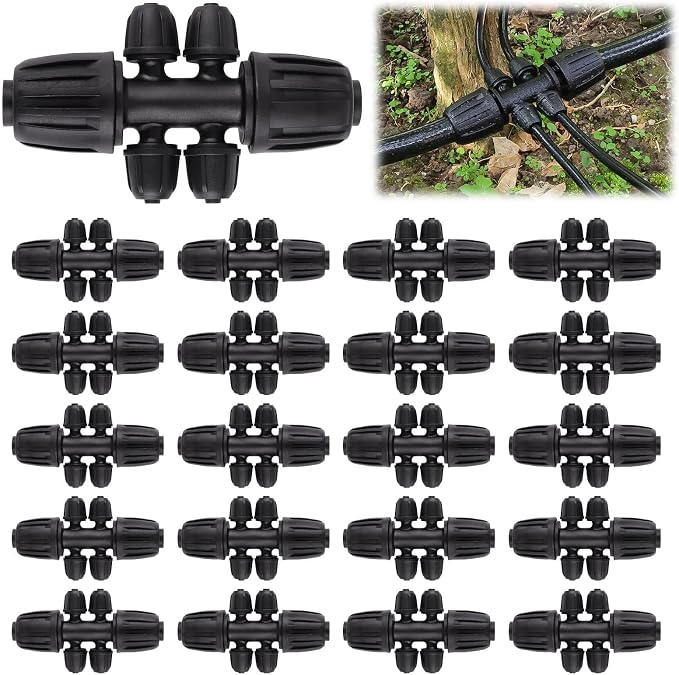 20PCS Locked Barbed Tee Connectors, Kalolary 1/2” to 1/4” Drip Irrigation Fittings Kit 12/16mm to 4/7mm Tube Lock Female Connector 6-Way Barbed Lock Irrigation Parts for Watering System (Black)