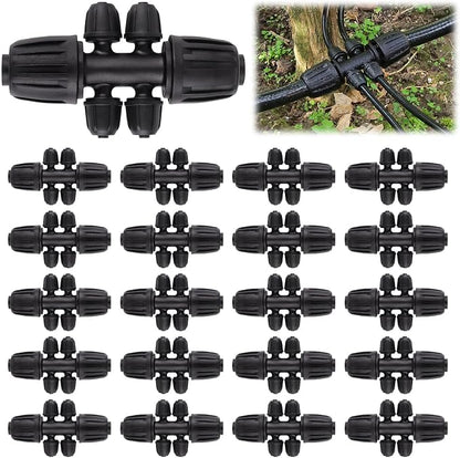 20PCS Locked Barbed Tee Connectors, Kalolary 1/2” to 1/4” Drip Irrigation Fittings Kit 12/16mm to 4/7mm Tube Lock Female Connector 6-Way Barbed Lock Irrigation Parts for Watering System (Black)