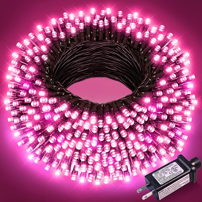 100FT 300 LED Christmas Lights Outdoor, Plug in Christmas Tree Lights Waterproof, 8 Modes Connectable Green Wire String Lights for Outside Indoor Patio Garden Holiday Party Decorations, Pink