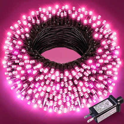 100FT 300 LED Christmas Lights Outdoor, Plug in Christmas Tree Lights Waterproof, 8 Modes Connectable Green Wire String Lights for Outside Indoor Patio Garden Holiday Party Decorations, Pink