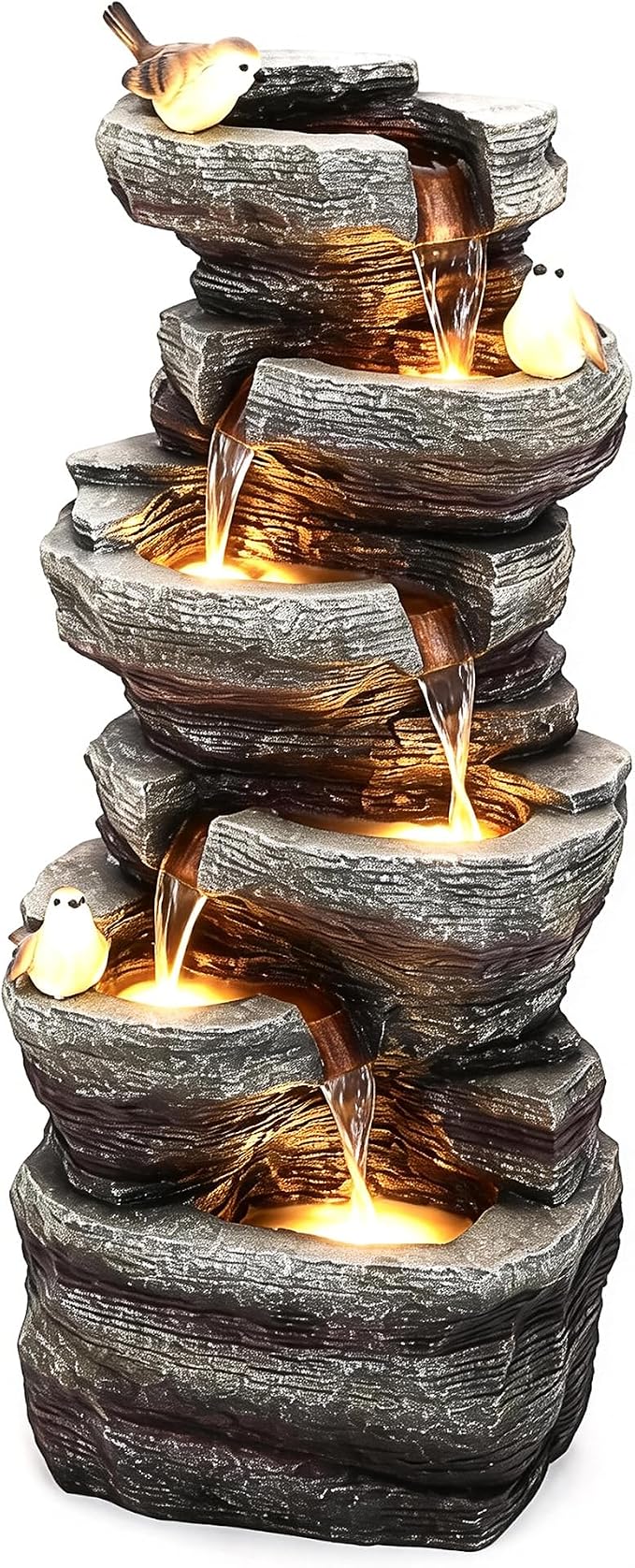 39.4" Stacked Rock Outdoor Fountain LED 6-Tier Bird Waterfall | hand-carved stone with birds, garden patio porch backyard