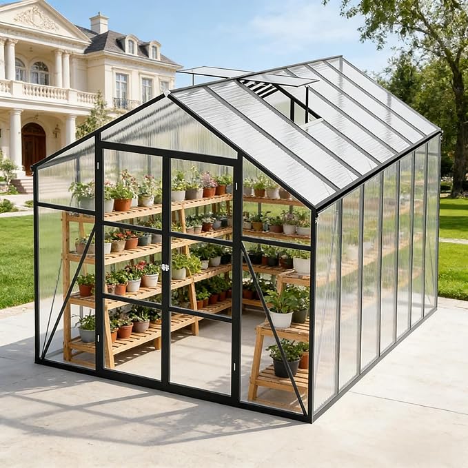 8x14 FT Greenhouse, Walk-in Heavy Duty Polycarbonate Outdoor Greenhouses with Raised Base & Anchor, Height-Enhanced Aluminum Frame, & Drainage System for Backyard All Season Growing, Black