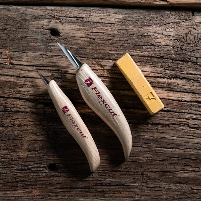 Flexcut Whittler’s Knife Kit (KN300) 2-Piece Set with KN13 & KN27 High-Carbon Steel Blades, Ergonomic Ash Wood Handles, Gold Polishing Compound, 5.2 oz, Made in USA