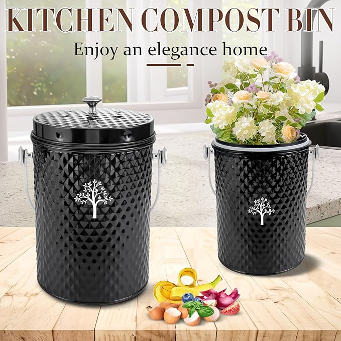 AOSION Countertop Compost Bin, Odor-Free Food Waste Container with 50 Bags | 1 Gallon Container,2 Carbon Filters,Compost Bucket, coffee grounds