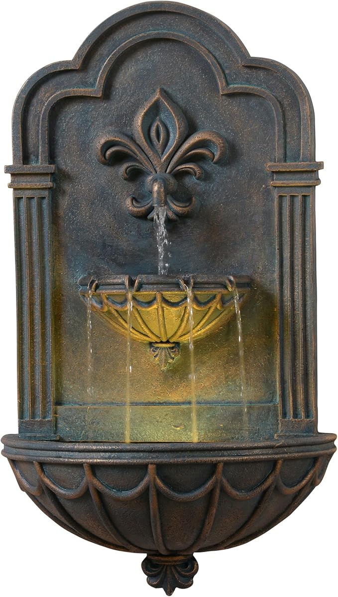 Teamson Home Fleur-de-lis Outdoor Water Fountain, Black & Gold | Warm Glow Lighting, Adjustable Flow, Electric Pump