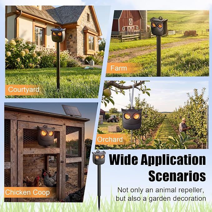 4 Pack Solar Owl Animal Repeller Outdoor for Raccoon, Deer & Squirrel Cat, Night-Only Breathing Mode Light Deterrent, Mini Hanging Predator Scare Device, Waterproof for Garden Yard Tree Shed