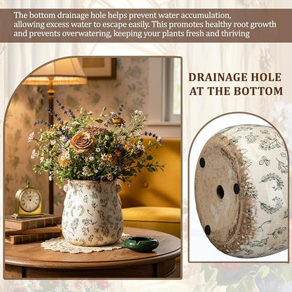 Ceramic Scroll Planter 6.5 Inch Chinoiserie Floral Vase with Drainage Holes Vintage Flower Vase Flower Pot Rustic Ceramic Pots for Indoor Plants Garden Home Bookshelf Decor(Leaves)