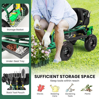 ERGOMASTER Rolling Garden Seat with Wheels, Adjustable 360° Swivel Workseat and Storage Basket, Extendable Handle, Outdoor Gardening Wagon Scooter, Green