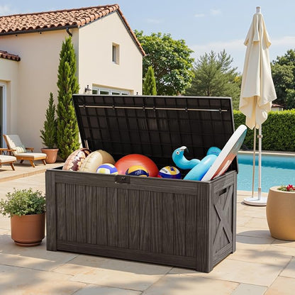 Greesum Outdoor Storage Box 120 Gallon Storage Bin with Lid for Patio Furniture, Garden Tools, Pool Supplies, Lockable, Waterproof and UV Resistant, Dark Brown