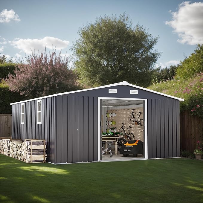 10x12 FT Outdoor Storage Shed Metal Garden Tool Shed with 2 Windows,Waterproof Tool Shed W/Sliding Door & Vents,for Bike Storage,Dark Gray