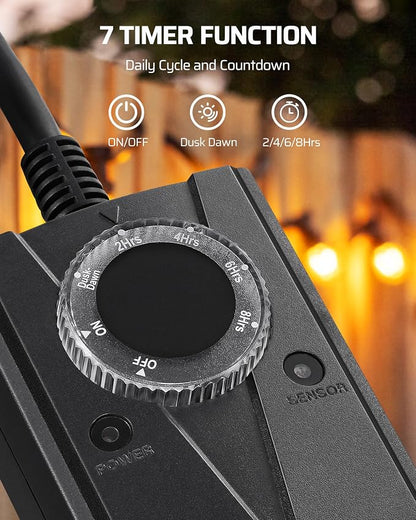 DEWENWILS Light Timer Outdoor Weatherproof, Outdoor Timer for Light, Heavy Duty 2-Prong Grounded Outlet, Dusk to Dawn and 2/4/6/8 Countdown for String Light, UL Listed, Black