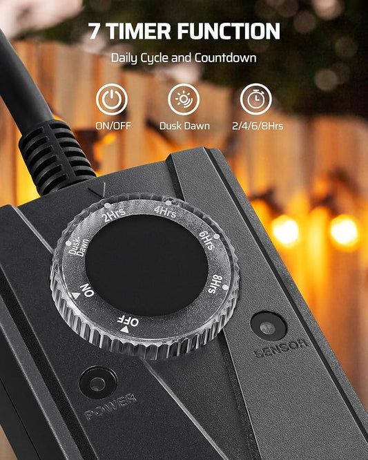 DEWENWILS Light Timer Outdoor Weatherproof, Outdoor Timer for Light, Heavy Duty 2-Prong Grounded Outlet, Dusk to Dawn and 2/4/6/8 Countdown for String Light, UL Listed, Black