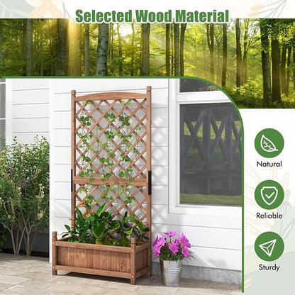 HAPPYGRILL Raised Garden Bed with Trellis, Large Planting Box with Drainage Holes, 60” Wooden Garden Planter w/Diamond Lattice Trellis for Climbing Plants, Outdoor Planter Box for Patio Balcony (1)