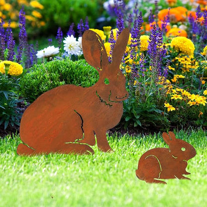 CroBlissful 2 Pack Mama and Baby Bunny Garden Stake, Metal Bunny Statue Realistic Long Ear Rabbit Animal Stake Pack Decorative Yard Stakes Garden Rabbit Statue Outdoor Flowerbed Outdoor Decor, Rust