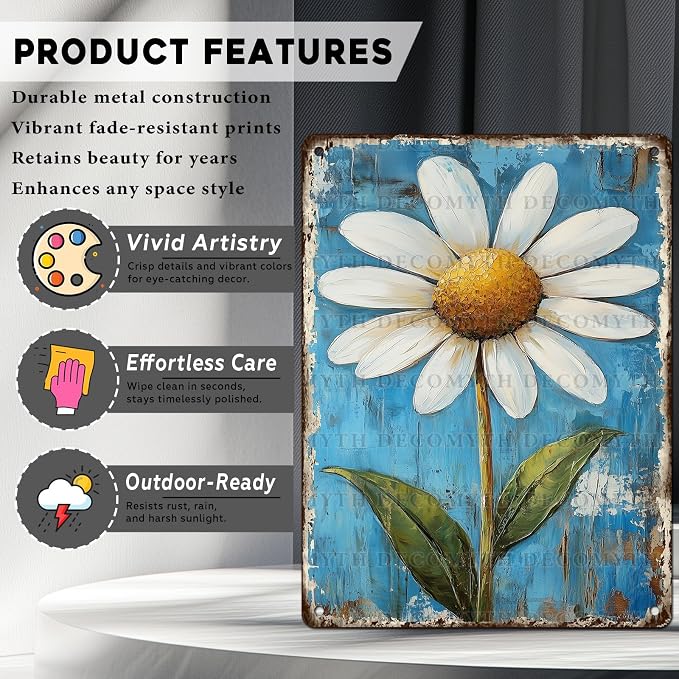 Vintage Daisy Flower Tin Sign Retro Garden Metal Poster Funny Wall Art Cafe Office Home Bar Plub Club Shop Toilet Indoor Man Cave Farmhouse Accessories Bathroom Farm Garden Plaque 12 * 16inch