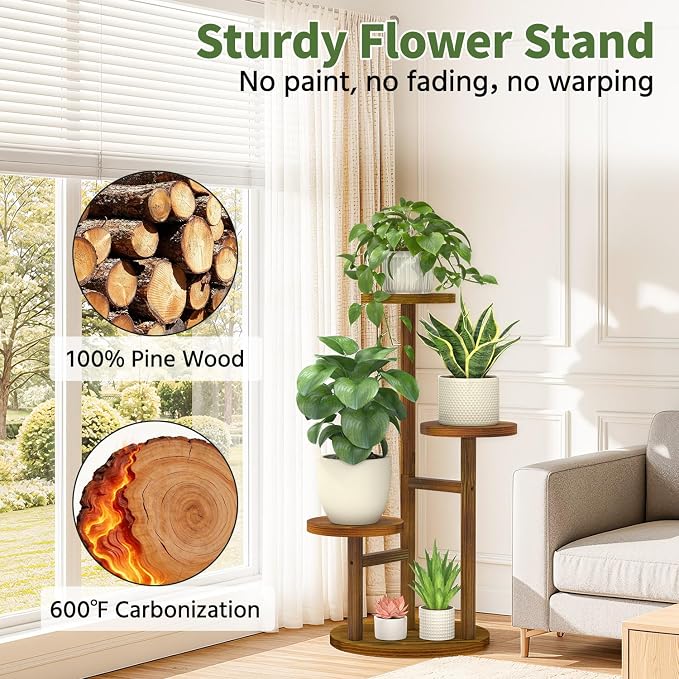 LASZOLA 3 Tiered Wood Plant Stand Indoor Corner with Grow Lights, Flower Holder Rack Tall for Multiple Plants, Rustic Planter Shelf Display for Patio Garden Balcony Living Room, Brown
