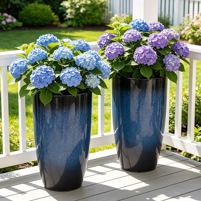 Autodaya 23.8" Large Cobalt Blue Tall Planters, Set of 2 Plastic Pots | Gradient Cobalt Blue Finish, Lightweight And Weather-Resistant Plastic Build, for Porch, Garden, Patio, Deck, or Indoor Use