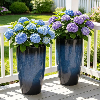 Autodaya 23.8" Large Cobalt Blue Tall Planters, Set of 2 Plastic Pots | Gradient Cobalt Blue Finish, Lightweight And Weather-Resistant Plastic Build, for Porch, Garden, Patio, Deck, or Indoor Use