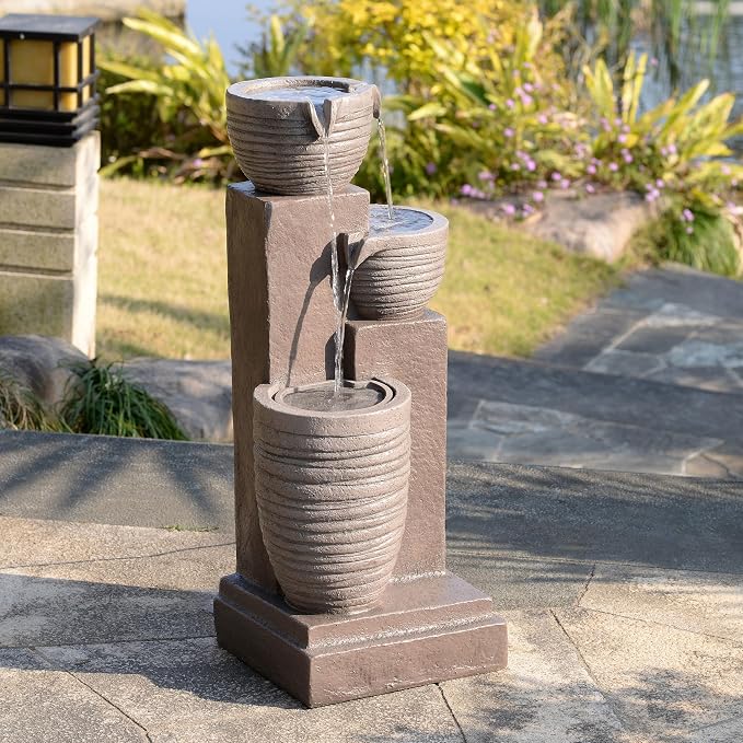 Teamson Home Horizontal Ribbed Pattern Outdoor Water Fountain, Warm Gray | Warm Glow Lighting, Adjustable Flow, Electric Pump