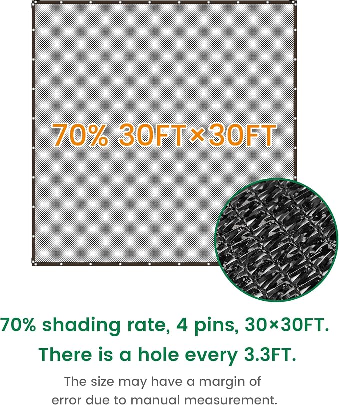 Shade Cloth, 30FT X 30FT 70% Black Outdoor Woven Sun Shade with Grommets, Durable Breathable Netting Shading Antifreezing for Patio, Garden, DIY Home, Plants Cover, Greenhouse, Dog Kennel