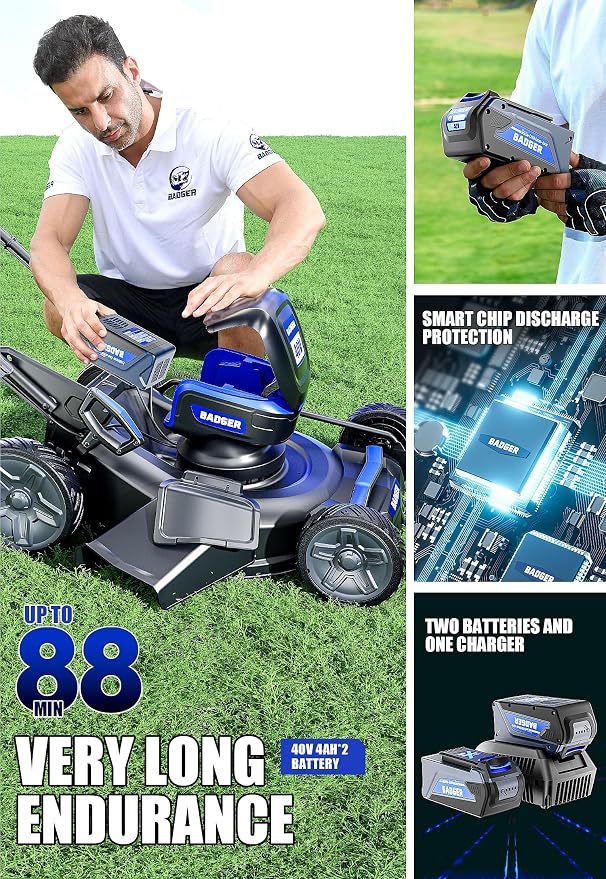 Wild Badger Power 40V 21″ Cordless Lawn Mower Brushless, 6,534 sq ft/0.15 ac, 2×4.0Ah Batteries & Fast Charger, 7-Position Heights,for Medium-to-Large Lawns