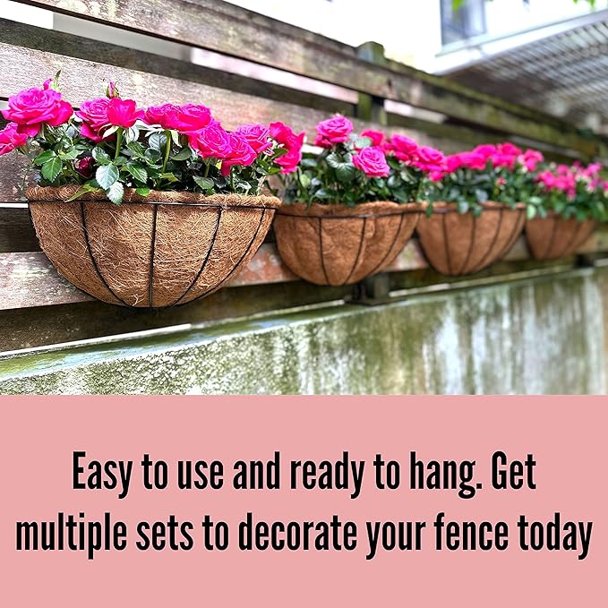 LaLaGreen Wall Hanging Planters for Plants (12 Inch, 6 Pack) Wall Mounted Flower Baskets with Coco Liner, Black Metal Iron Wire Plant Holder for Outdoor Fence Railing Outside Deck Porch Balcony Garden