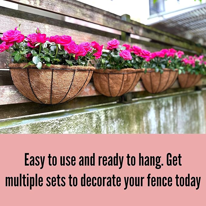 LaLaGreen Wall Planters for Outdoor Plants (2 Pack, 14 Inch) Large Hanging Planter with Coco Liner, Metal Round Wire Flower Basket Outside Fence Railing Plant Pots Holder Deck Porch Balcony Decor
