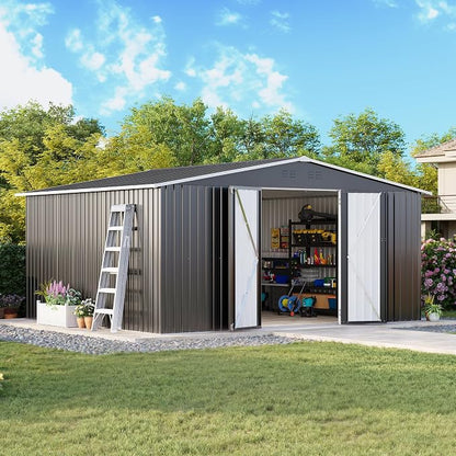 MXV 14 x 12FT Outdoor Storage Shed, Metal Garden Shed with Windows, Double Lockable Doors & Sloped Roof, Waterproof Tool Sheds for Backyard Garden Patio Lawn, Black