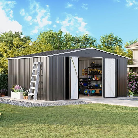 MXV 14 x 12FT Outdoor Storage Shed, Metal Garden Shed with Windows, Double Lockable Doors & Sloped Roof, Waterproof Tool Sheds for Backyard Garden Patio Lawn, Black