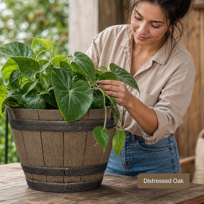 Whiskey Barrel Planters, Wooden Finish Flower Planter Pot, Decorative Garden Pots, Indoor Outdoor Resin Planters, Weather-Resistant Plant Pot (15” Oak Brown, 1-Pack) | Stylish Resin Flower Plant Pots, Indoor & Outdoor Planter, Weather-Resistant, Great ...
