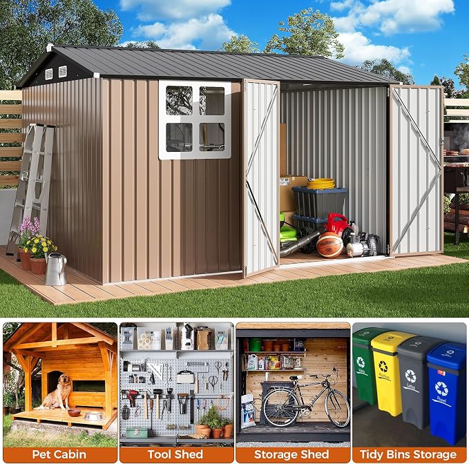 IRONCK 10x8.2 FT Outdoor Storage Shed with Clear Window, Tool Shed, Brown | Lockable Doors, Breathable Ventilation, 9.5x8 FT Base, Outdoor Shed For Generators/Bikes/Wheelbarrows