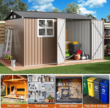 IRONCK 10x8.2 FT Outdoor Storage Shed with Clear Window, Tool Shed, Brown | Lockable Doors, Breathable Ventilation, 9.5x8 FT Base, Outdoor Shed For Generators/Bikes/Wheelbarrows