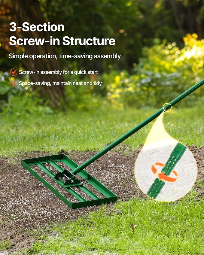VEVOR Lawn Leveling Rake, 30"x10" Level Lawn Tool, Heavy-Duty Lawn Leveler with 78" Steel Extended Handle, Yard Leveling Rake Suit for Garden, Golf Lawn, Farm