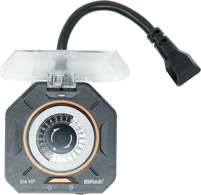 Southwire Woods Outdoor 24-Hour Heavy Duty Mechanical Timer - Dual Grounded Outlet - Programmable Timer - Waterproof Design - Energy Saving Outdoor Power Control - Black