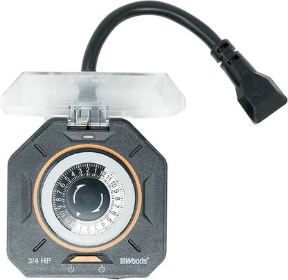 Southwire Woods Outdoor 24-Hour Heavy Duty Mechanical Timer - Dual Grounded Outlet - Programmable Timer - Waterproof Design - Energy Saving Outdoor Power Control - Black