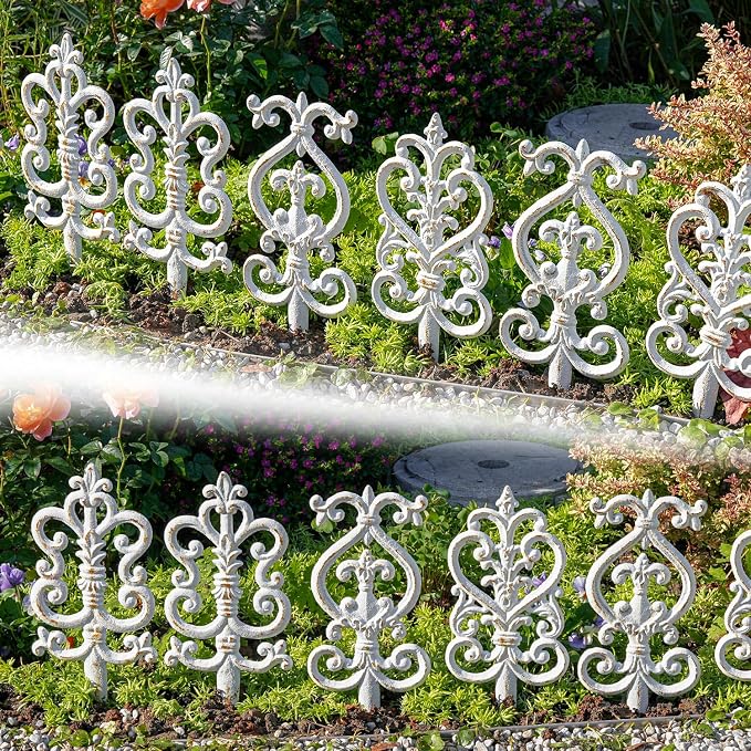 Sungmor Vintage Cast Iron Garden Stakes - 3PCS Ornate Metal Plant Stakes for Yard Art, Patio,Lawn Ornamentation,5.3inch Tall Antique White Finish,Exquisite Garden Decor
