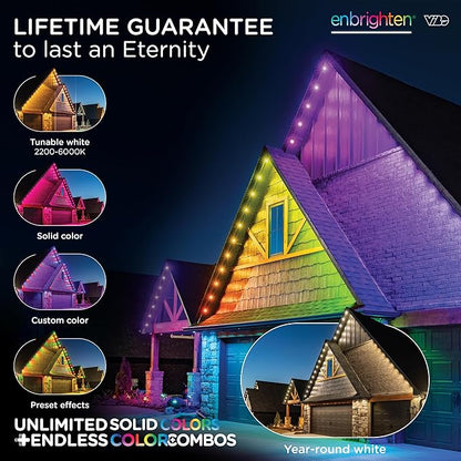 Enbrighten Eternity Permanent Outdoor Lights, 100ft with 72 RGBWIC LED Lights, App‑Controlled, Cuttable, Christmas, Accent & Year‑Round Eave Lighting, Works with Alexa & Google Home, 82730