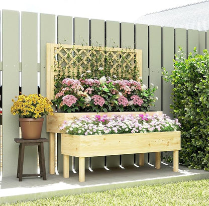 Outsunny 2-Tier Raised Garden Bed with Trellis, Wooden Elevated Planter Box with Drainage Gaps, Liners, Trellis Planter for Climbing Plants, Flowers, Herbs, 42.5" x 24.4" x 47.2", Natural