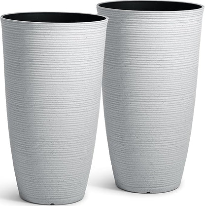 2-Pack 23.5" White Plastic Tall Tapered Planters with Ribbed Texture | Set of 2 PP tall planters with white faux terrazzo look, ribbed texture, drainage plugs, and UV-treated finish for porch