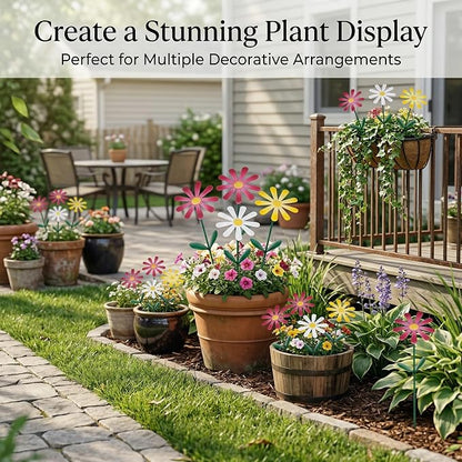 Topadorn Set of 3 Metal Daisy Garden Stakes, Decorative Flower Garden Stakes for Planters, Flower Beds, Lawn & Patio, 14.5 Inch