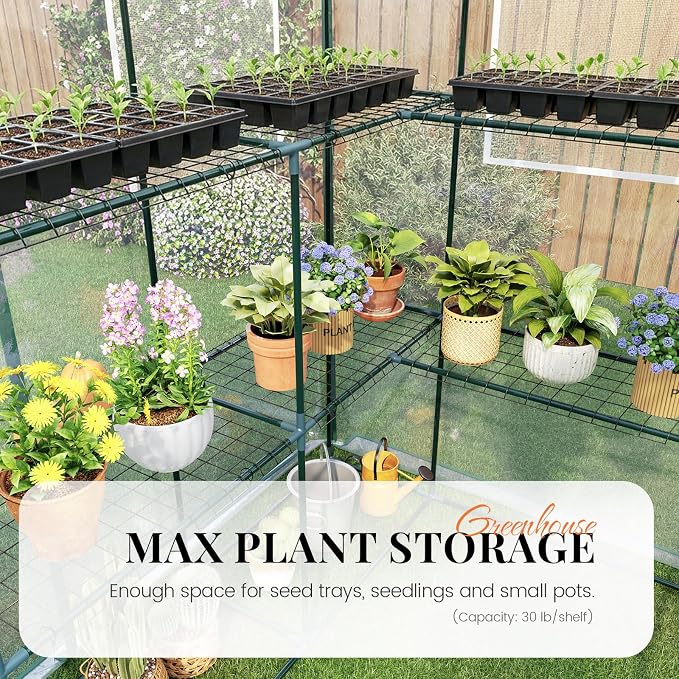 KING BIRD Premium Greenhouse for Outdoors, 56x56x77 in Walk-in Hot House with Thickened Cover, Reinforced Frame, Screen Windows & Mesh Door, 3 Tiers 14 Shelves for Outside Garden Seedlings, Clear