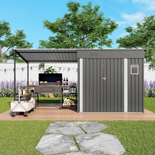 12x4FT Metal Lean-to Shed with Open-Sided Pergola, 4'x6' Outdoor Storage Shed & 6'x4' Hardtop Gazebo Combo, 2-in-1 Garden Storage Tool Shed for Patio, Backyard, Outdoor Organization Structure