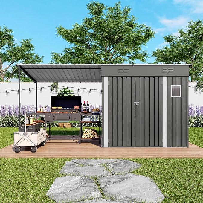YOPTO 12x4 FT Metal Lean to Shed with Open-Sided Pergola,4x6 FT Outdoor Storage Shed & 6x4 FT Attached Hardtop Gazebo Combo,2-in-1 Durable Garden Tool Shed for Patio, Backyard, Deck,Gray