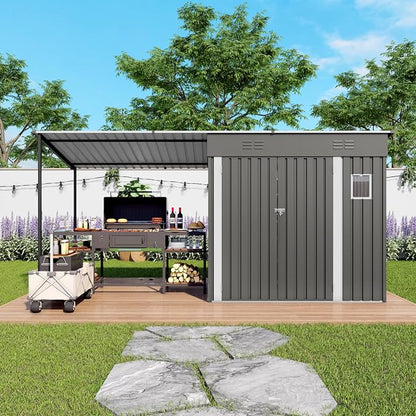 YOPTO 12x4 FT Metal Lean to Shed with Open-Sided Pergola,4x6 FT Outdoor Storage Shed & 6x4 FT Attached Hardtop Gazebo Combo,2-in-1 Durable Garden Tool Shed for Patio, Backyard, Deck,Gray