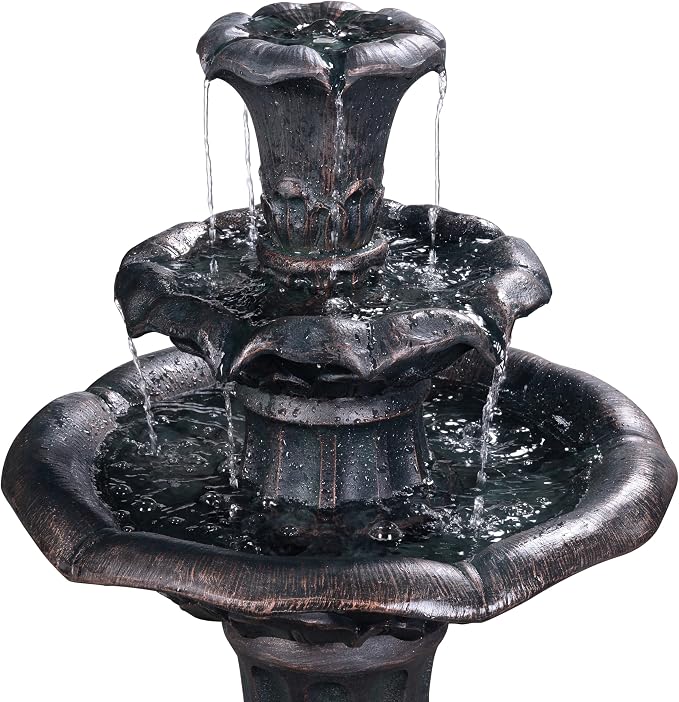 Teamson Home Lily Flower Floor Pedestal 3 Tiered Floor Waterfall Fountain with Pump for Outdoor Patio Garden Backyard Decking, 38 Inch Height, Dark Gray | Pedestal Design, With Pump, Outdoor Patio Garden Backyard Decking, Dark Gray