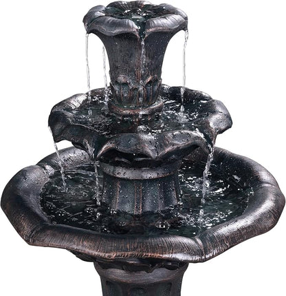Teamson Home Lily Flower Floor Pedestal 3 Tiered Floor Waterfall Fountain with Pump for Outdoor Patio Garden Backyard Decking, 38 Inch Height, Dark Gray | Pedestal Design, With Pump, Outdoor Patio Garden Backyard Decking, Dark Gray