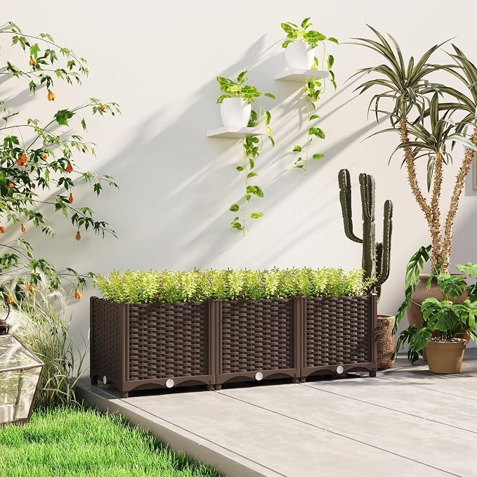Outsunny 4 x 1 x 1 ft Raised Garden Bed, Indoor Outdoor Plastic Planter Box with Drainage Holes, Drain Plugs and Water Reservoirs for Vegetables, Herbs, Flowers & Succulents, Brown