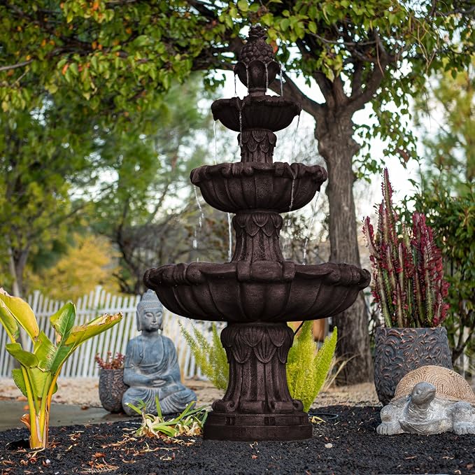XBrand 58.3" 3-Tier Outdoor Freestanding Water Fountain - Classic Leaf Design, Brown Resin, Large Bird Bath with Pump - Ideal for Yard, Lawn and Garden, Porch Décor